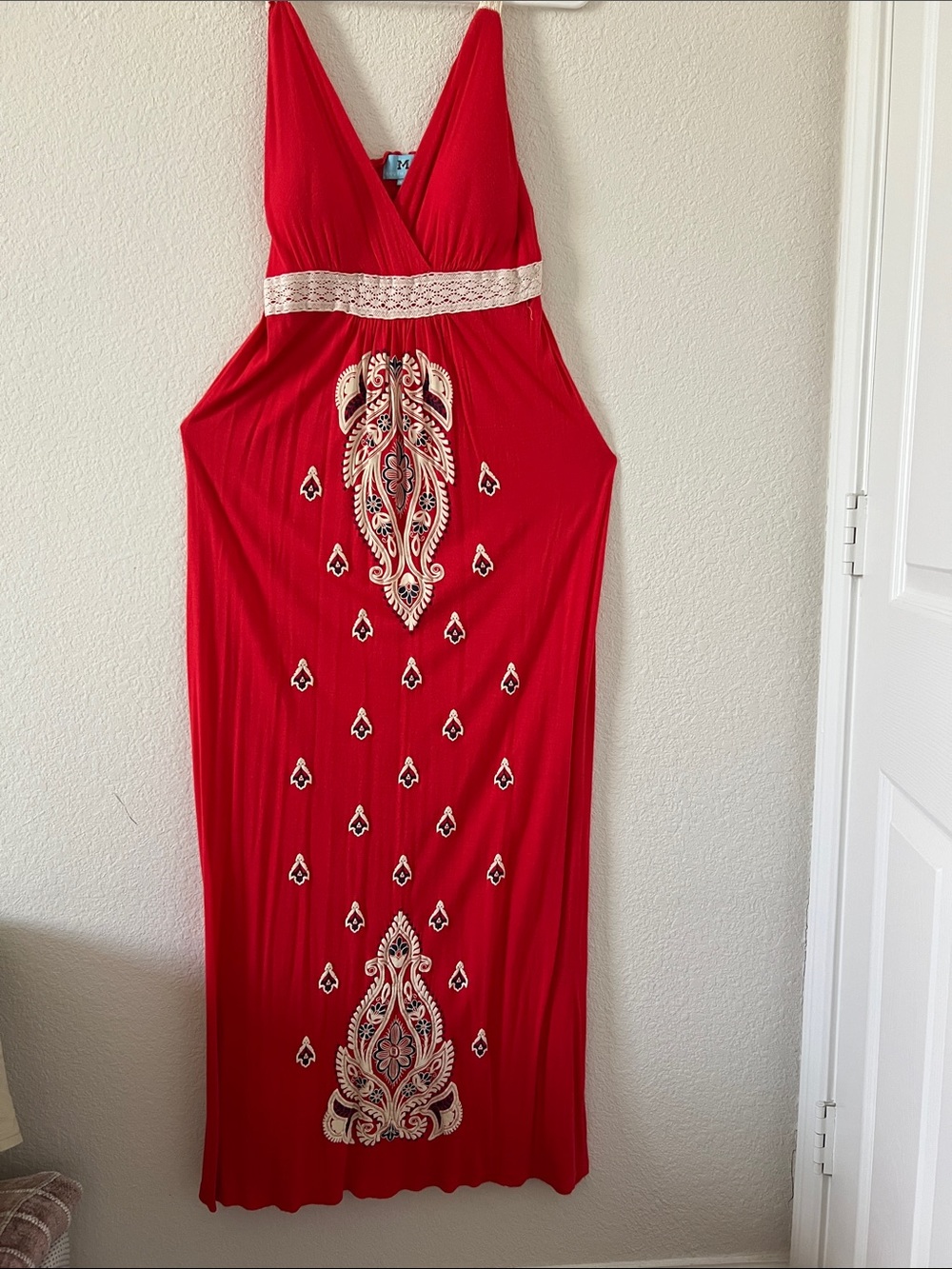Red Embellished V-Neck Maxi Dress with Lace Waistband